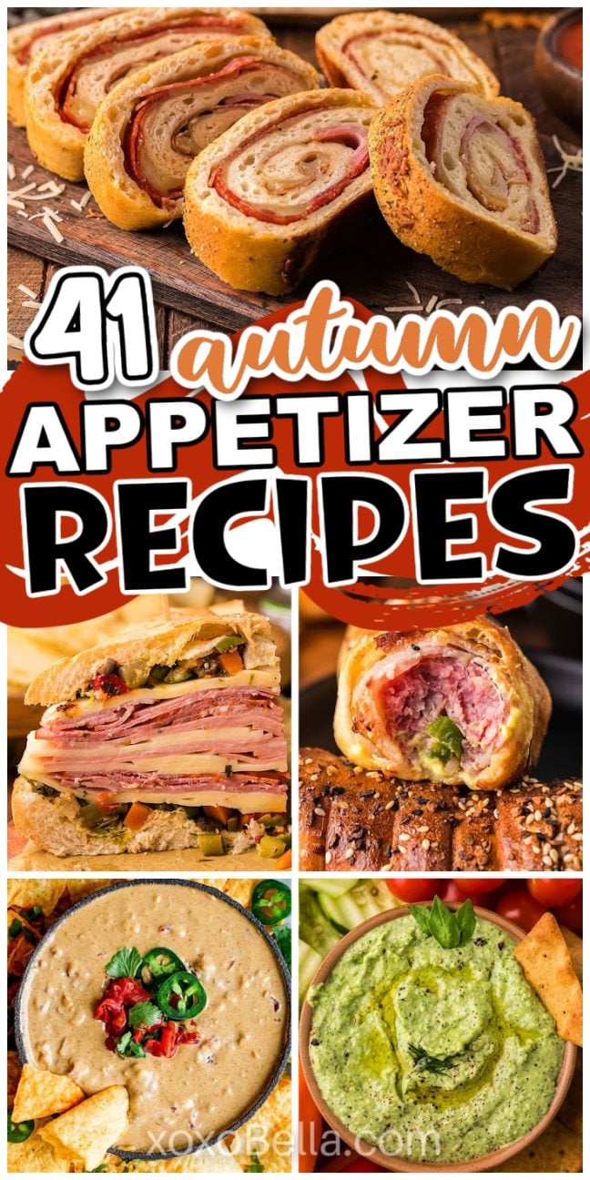 A selection of autumn appetizers including dips, finger foods and small plates arranged on platters and boards.