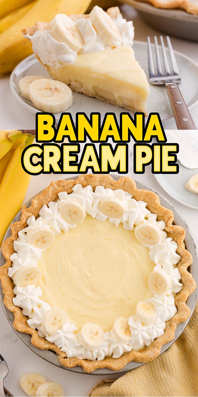 A slice of banana cream pie topped with whipped cream and banana slices sits on a plate beside a fork, ready to enjoy.