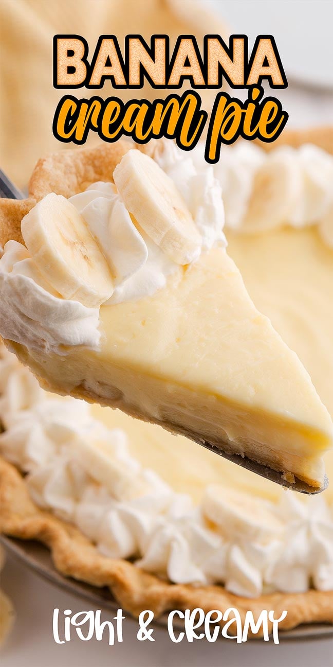 A delicious slice of banana cream pie topped with fresh whipped cream and banana slices, shown with text reading "Banana cream pie.