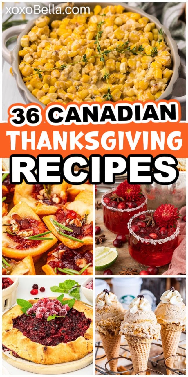 A collection of Canadian Thanksgiving dishes including turkey, sides and desserts displayed on serving platters and bowls.