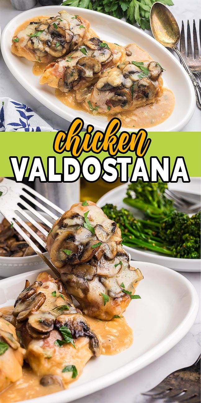 Two pieces of chicken Valdostana are topped with mushrooms, cheese, and savory sauce, served on a white plate.