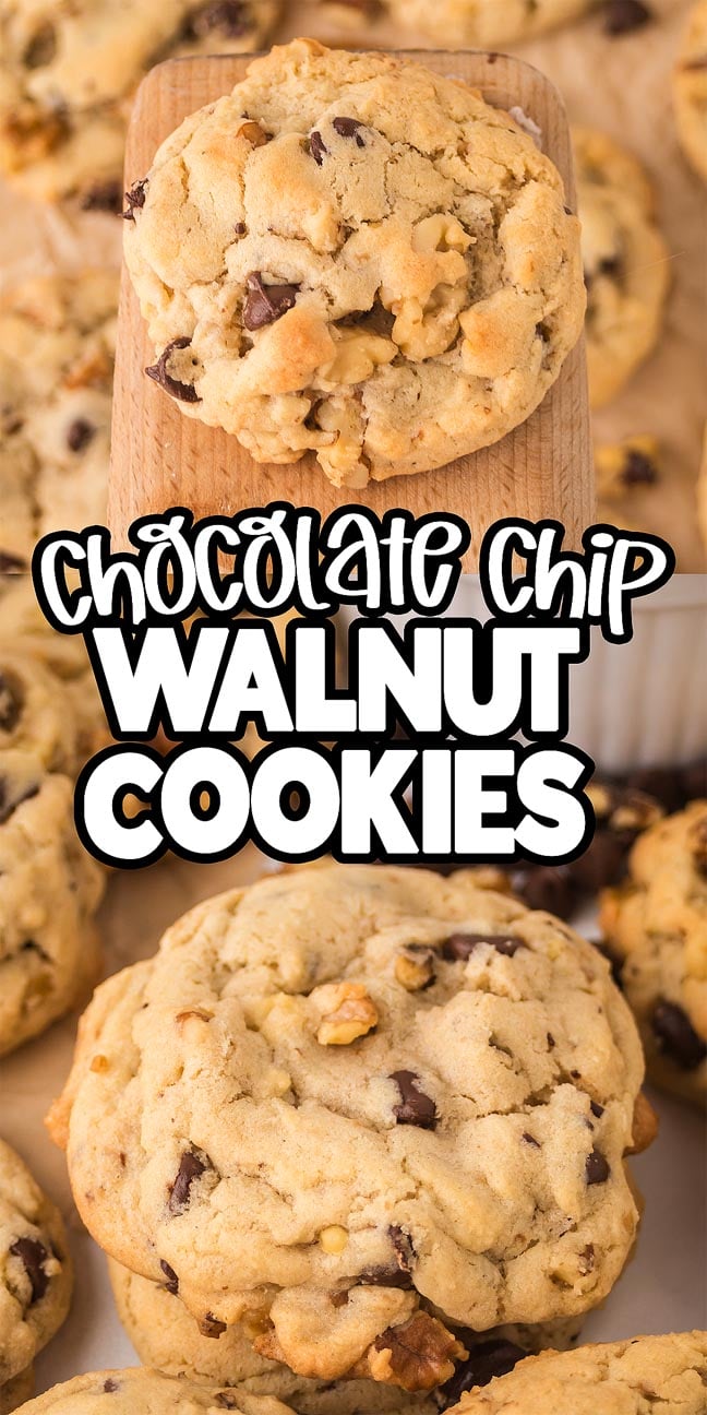 Chocolate chip walnut cookies displayed on a wooden board, surrounded by more delicious chocolate chip walnut cookies.