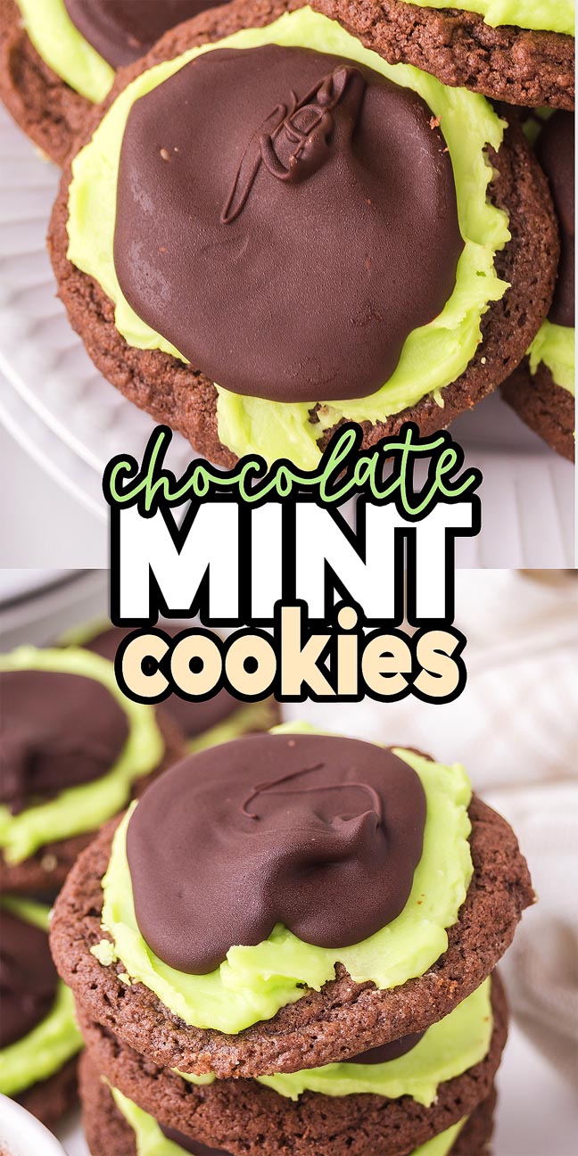 Chocolate mint cookies with creamy green mint filling and rich chocolate topping, stacked on a plate. Text reads "chocolate mint cookies.