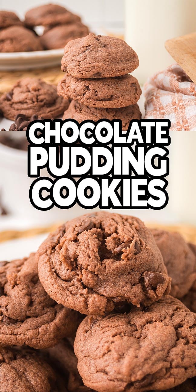 Stacks of soft Chocolate Pudding Cookies with chocolate chips, displayed on a plate and a kitchen towel.