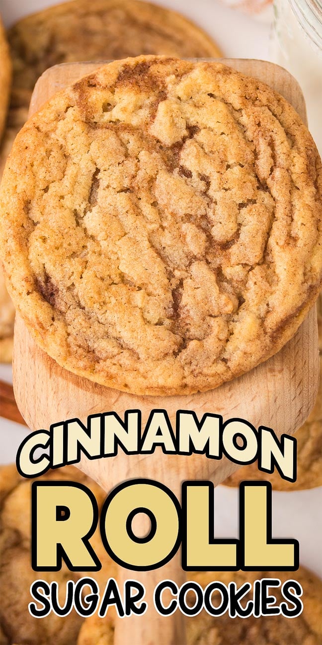 A close-up of cinnamon roll sugar cookies on a wooden spatula, with text reading "Cinnamon Roll Sugar Cookies.