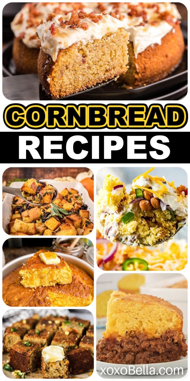 An assortment of cornbread styles including skillet wedges, muffins and sweet recipes like cakes.