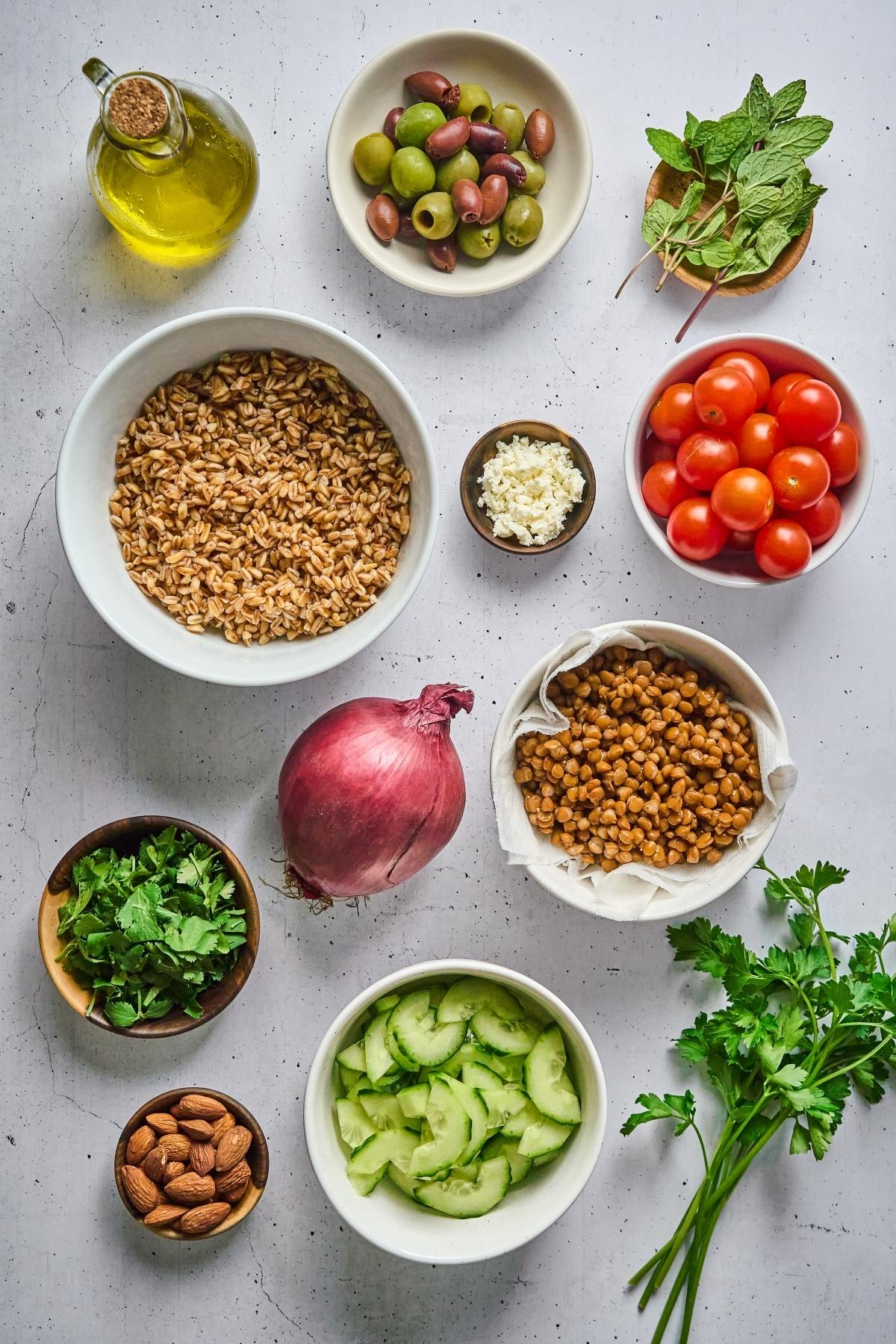 Assorted salad ingredients in bowls, including grains, lentils, tomatoes, olives, onion, cucumber, and herbs.