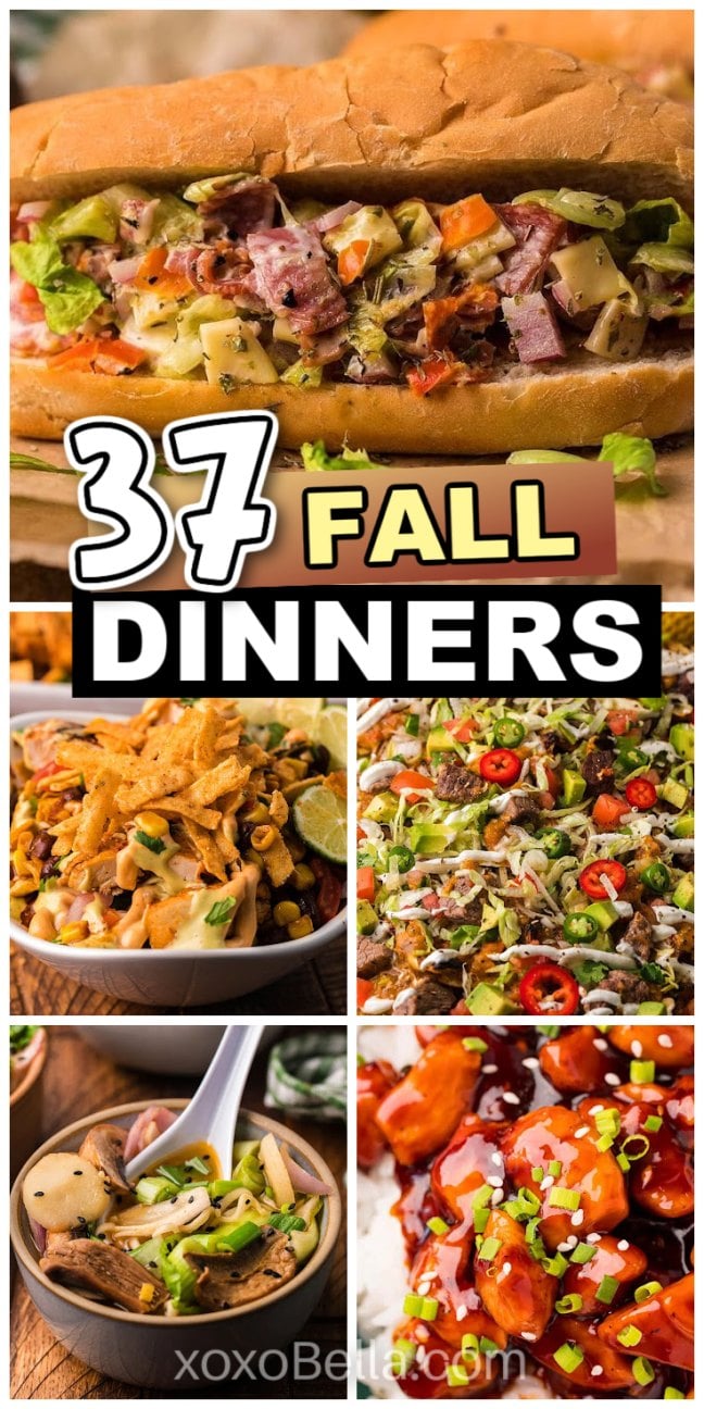 A mix of fall dinner plates including skillet meals, sheet pan roasts and pasta dishes on simple serving ware.