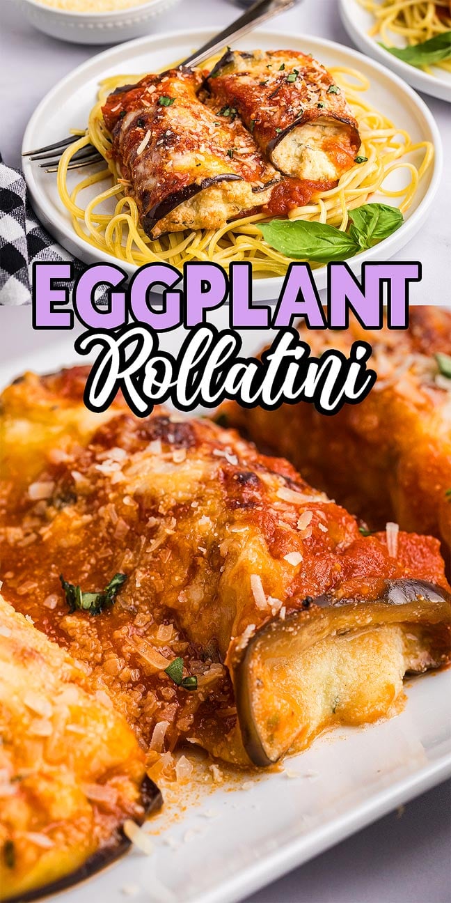 Savor eggplant rollatini served over pasta, topped with rich marinara sauce and melted cheese, then garnished with fresh herbs.