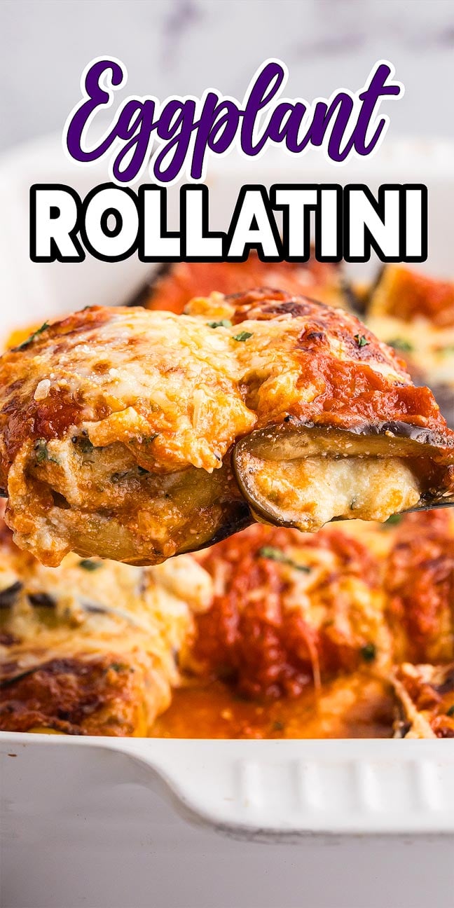 A cheesy eggplant rollatini in tomato sauce is being lifted from a baking dish, showcasing the gooey layers and savory filling.