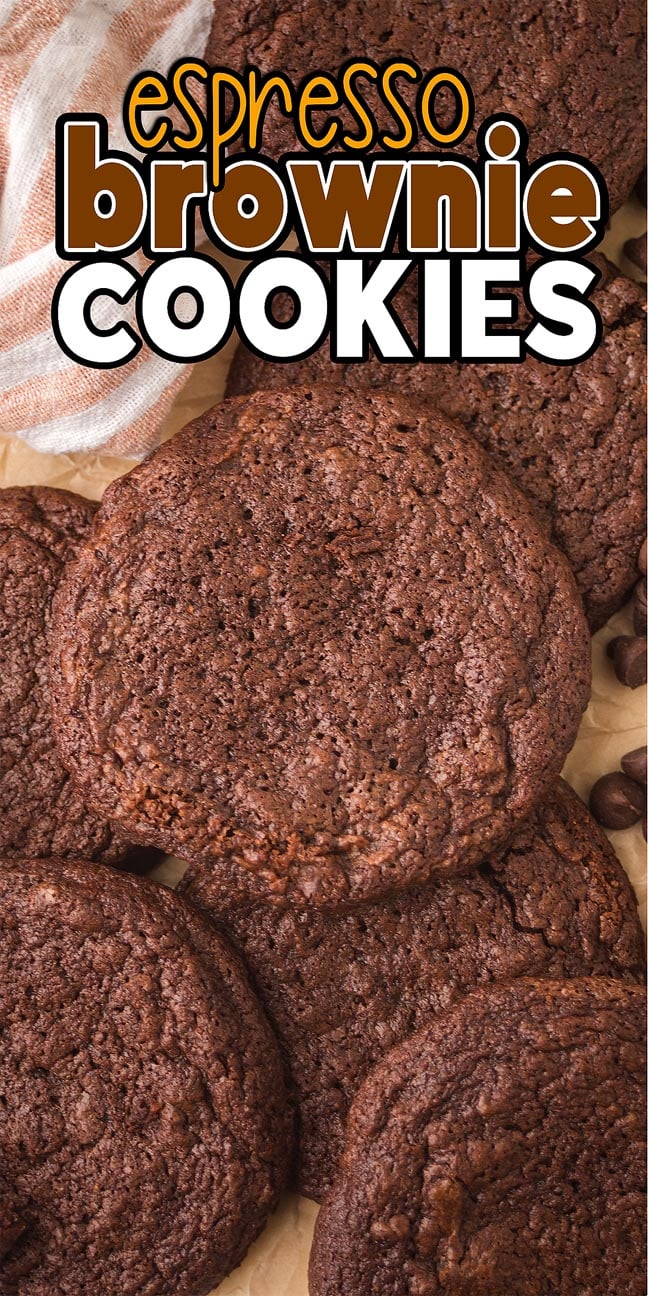 Espresso brownie cookies stacked on a surface with bold text overlay reading "Espresso Brownie Cookies"—the perfect treat for coffee and chocolate lovers.