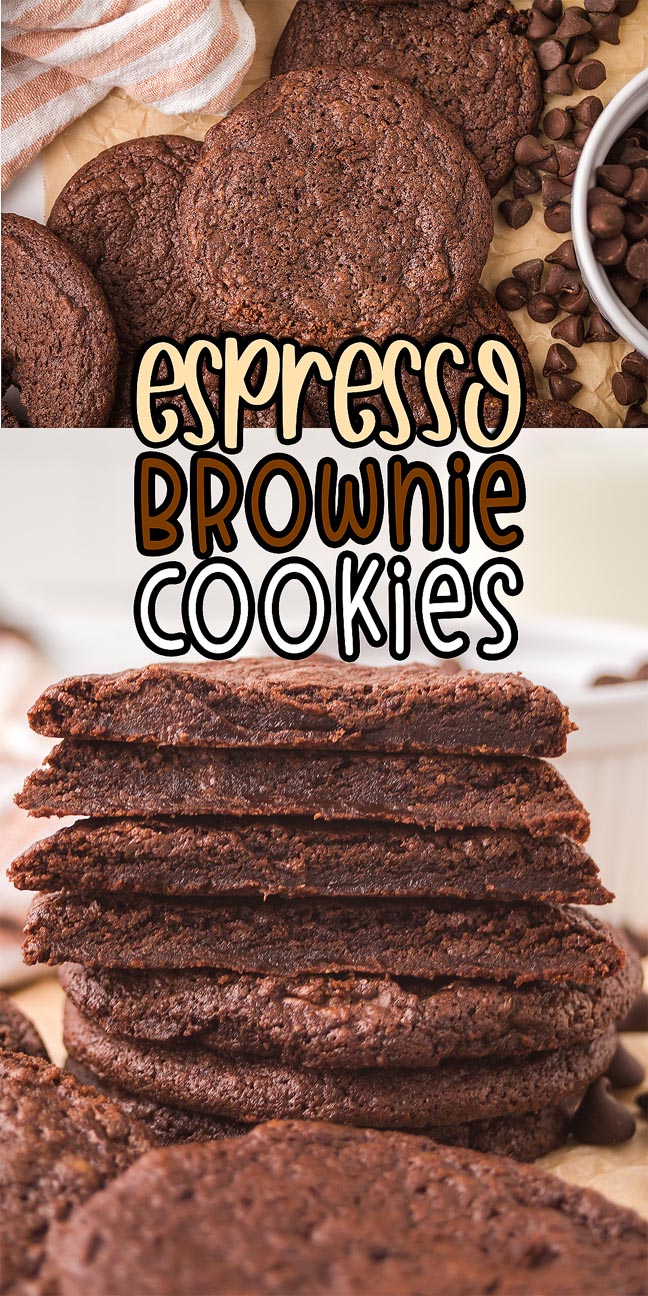Espresso brownie cookies stacked and arranged with chocolate chips, showcasing the rich, fudgy texture of these espresso brownie cookies against a striped kitchen towel in the background.