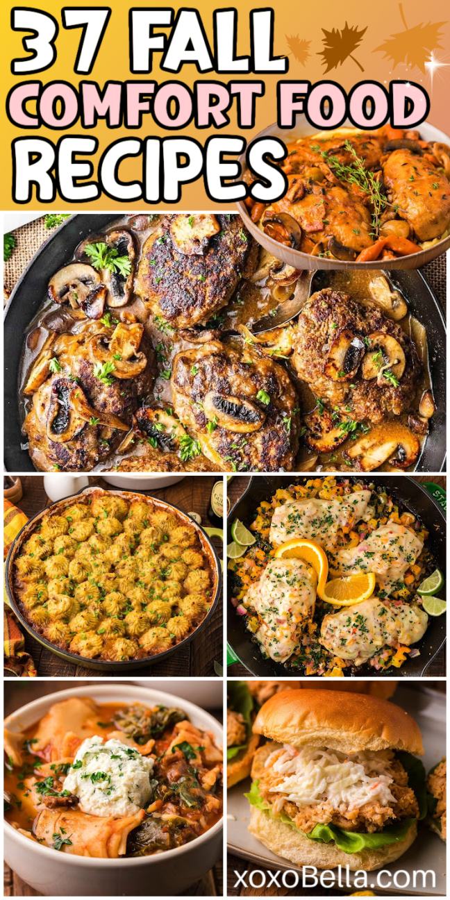 A selection of comforting fall dishes including casseroles, soups and baked meals on plates and bowls.