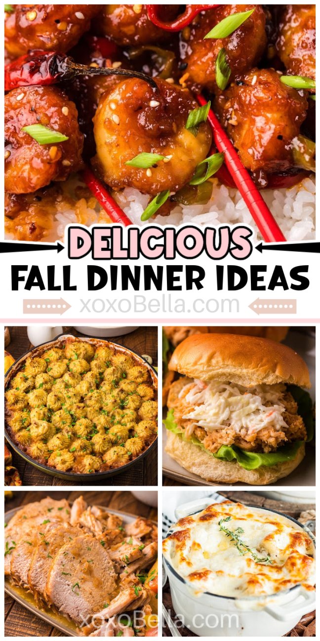 A variety of fall dinner dishes including pasta, soups and skillet meals arranged on plates and in bowls.