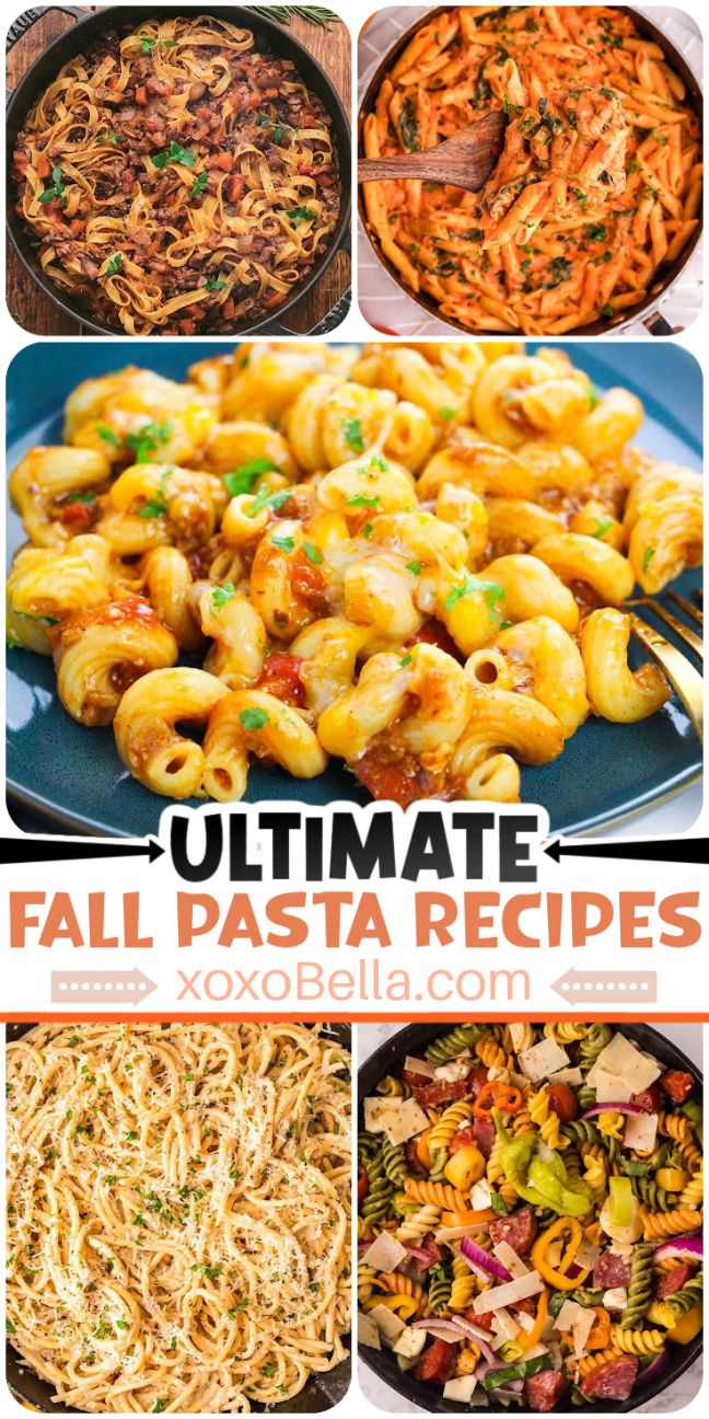A mix of fall pasta dishes in bowls and skillets featuring creamy sauces, roasted vegetables and fresh herbs.
