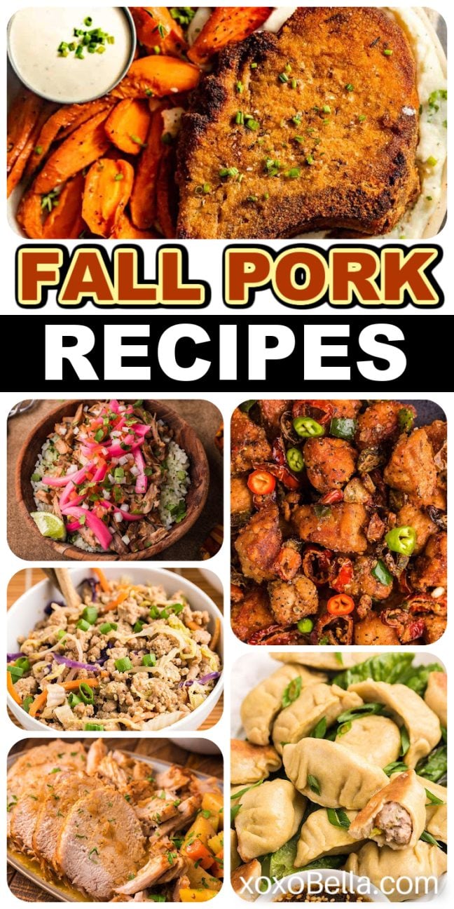 Various pork dishes featuring apples, herbs and vegetables on plates, skillets and serving platters.
