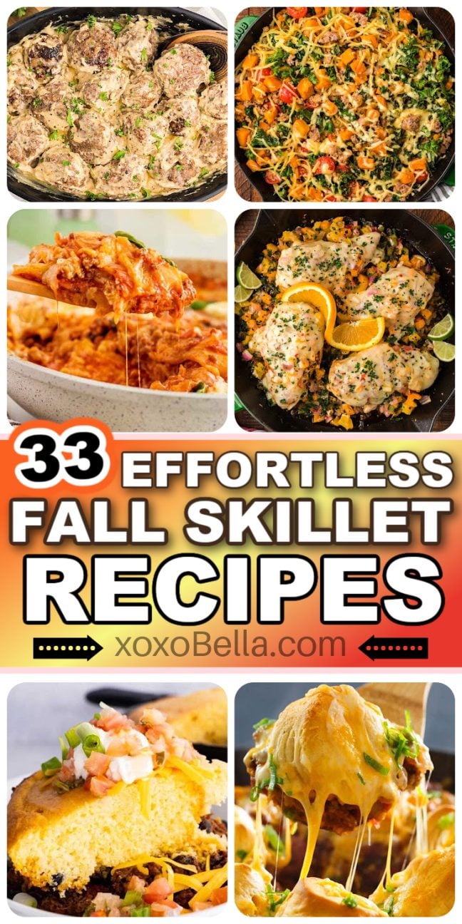 A set of skillet meals served in cast iron and nonstick pans with meats, vegetables and sauces arranged for serving.