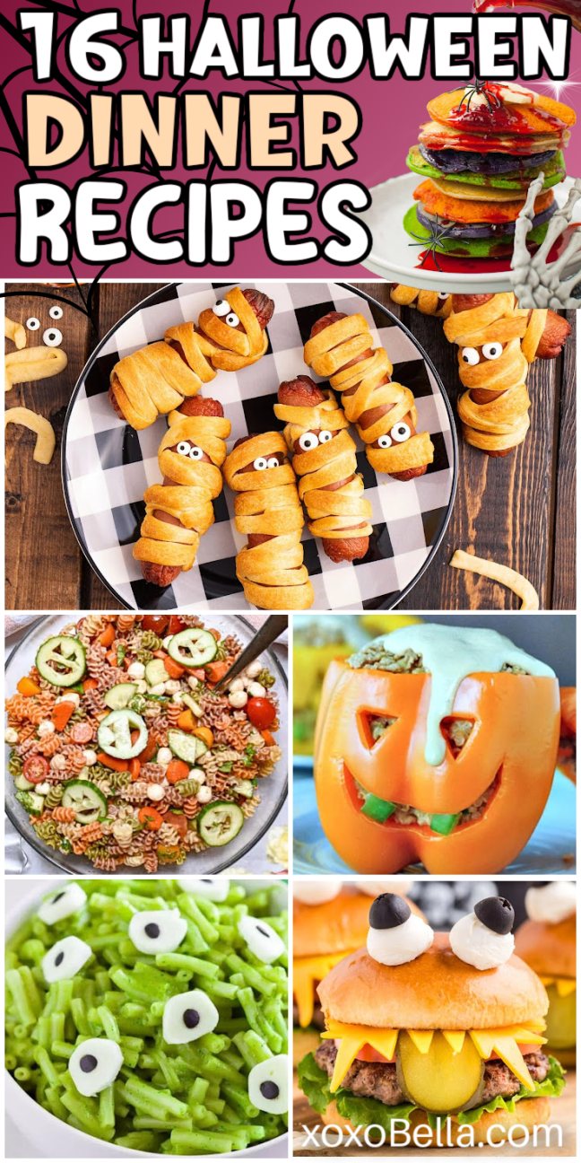 A variety of Halloween-themed dinner dishes including mummies, skulls and snacks with candy eyes