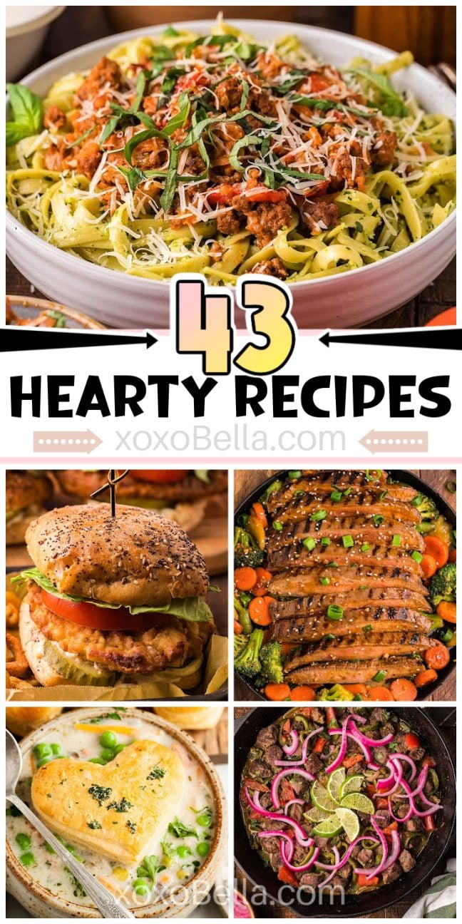 A mix of hearty dishes including casseroles, soups, stews and skillet meals served in bowls and pans.