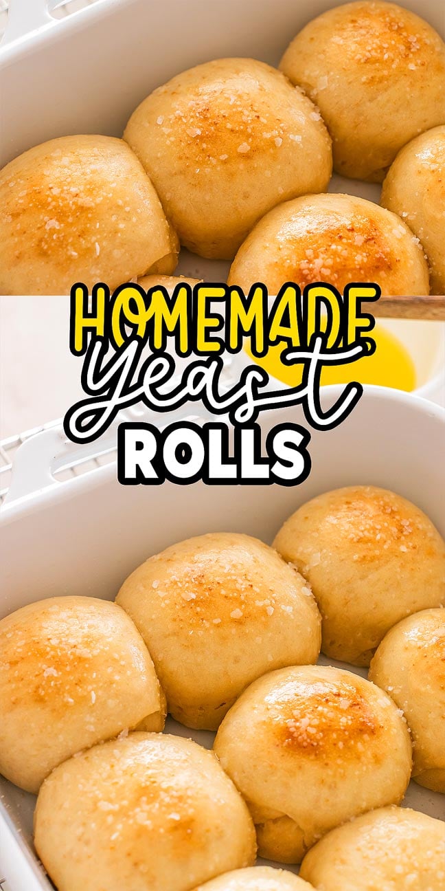 Golden homemade yeast rolls in a white baking dish, sprinkled with coarse salt. The text overlay reads "Homemade Yeast Rolls"—perfectly fluffy and delicious for any meal.