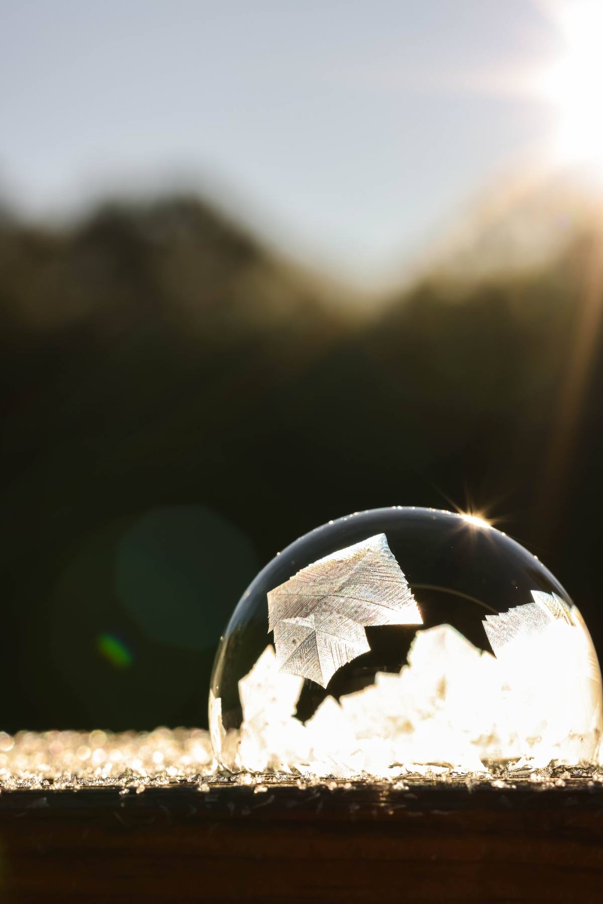 A frozen soap bubble with ice crystals rests on a surface, sunlight shining in the background.