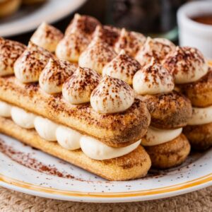Individual tiramisu with cream and cocoa powder on a plate, arranged in layers and finished with decorative cream dollops.