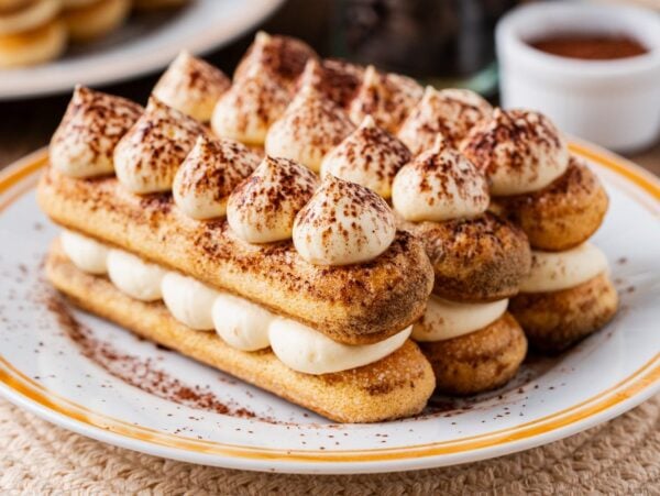 Individual tiramisu with cream and cocoa powder on a plate, arranged in layers and finished with decorative cream dollops.