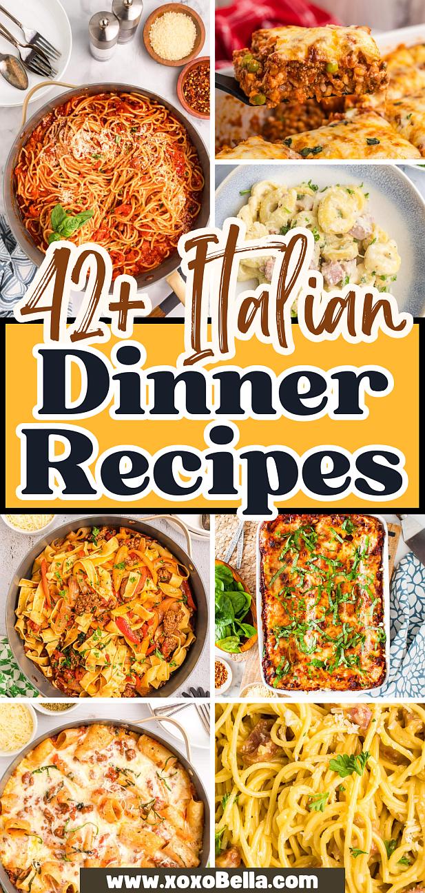 Collage of Italian dinner dishes, including pasta, lasagna, and sauces.