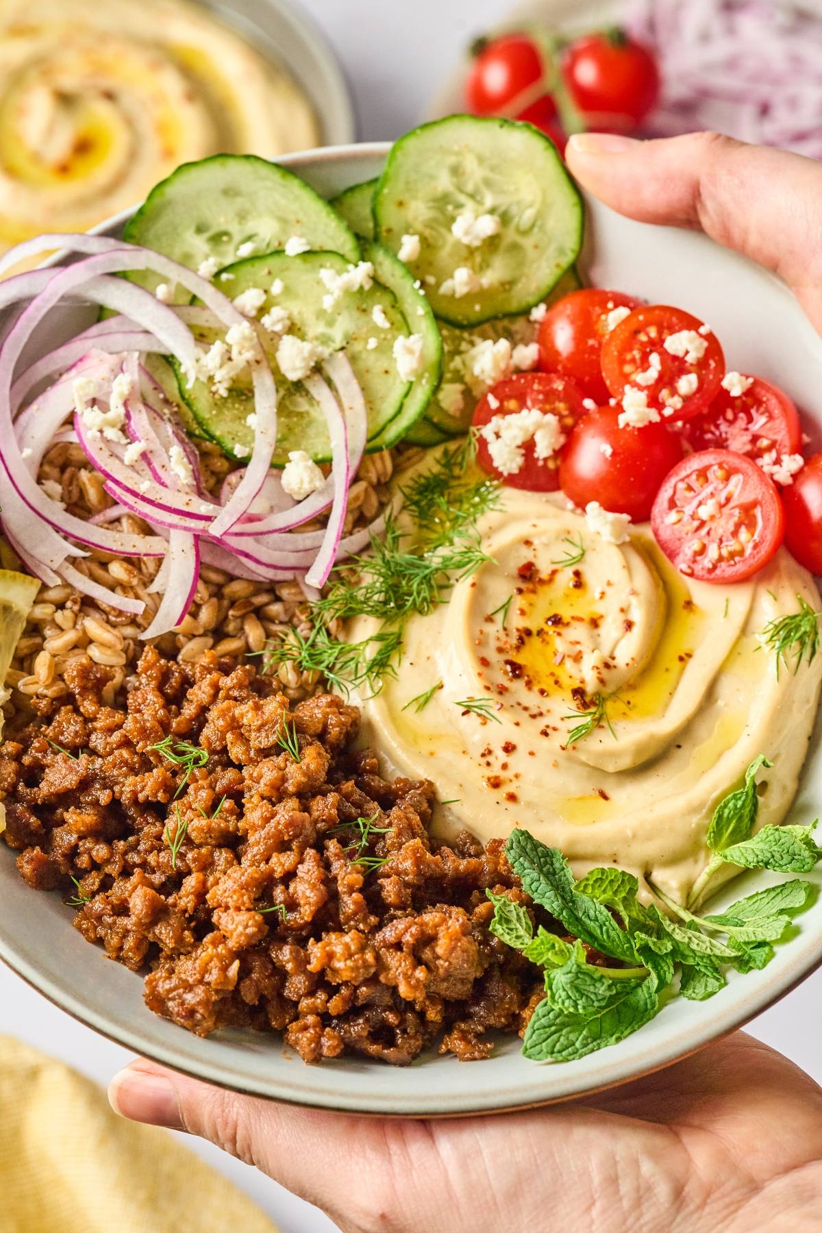 A bowl with hummus, spiced ground meat, cucumber, tomato, red onion, farro, feta, and fresh herbs.