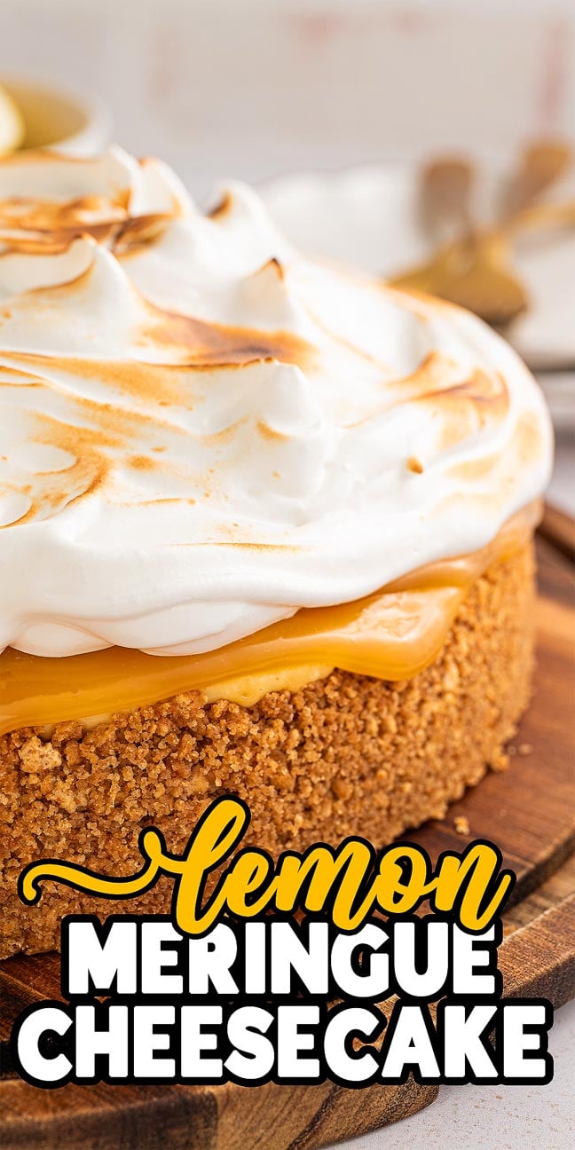 This Lemon Meringue Cheesecake features creamy lemon filling, a graham cracker crust, and a cloud of toasted meringue on top for the perfect tangy-sweet treat.