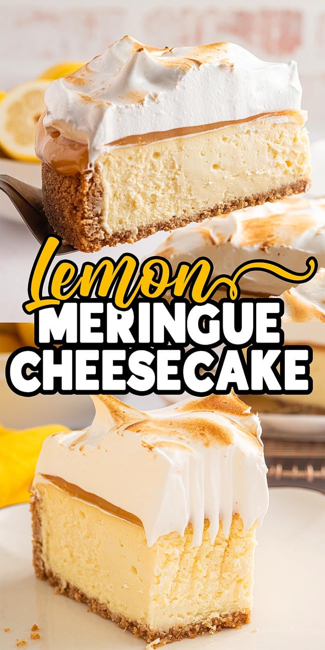 A slice of Lemon Meringue Cheesecake with a graham crust and toasted meringue topping.