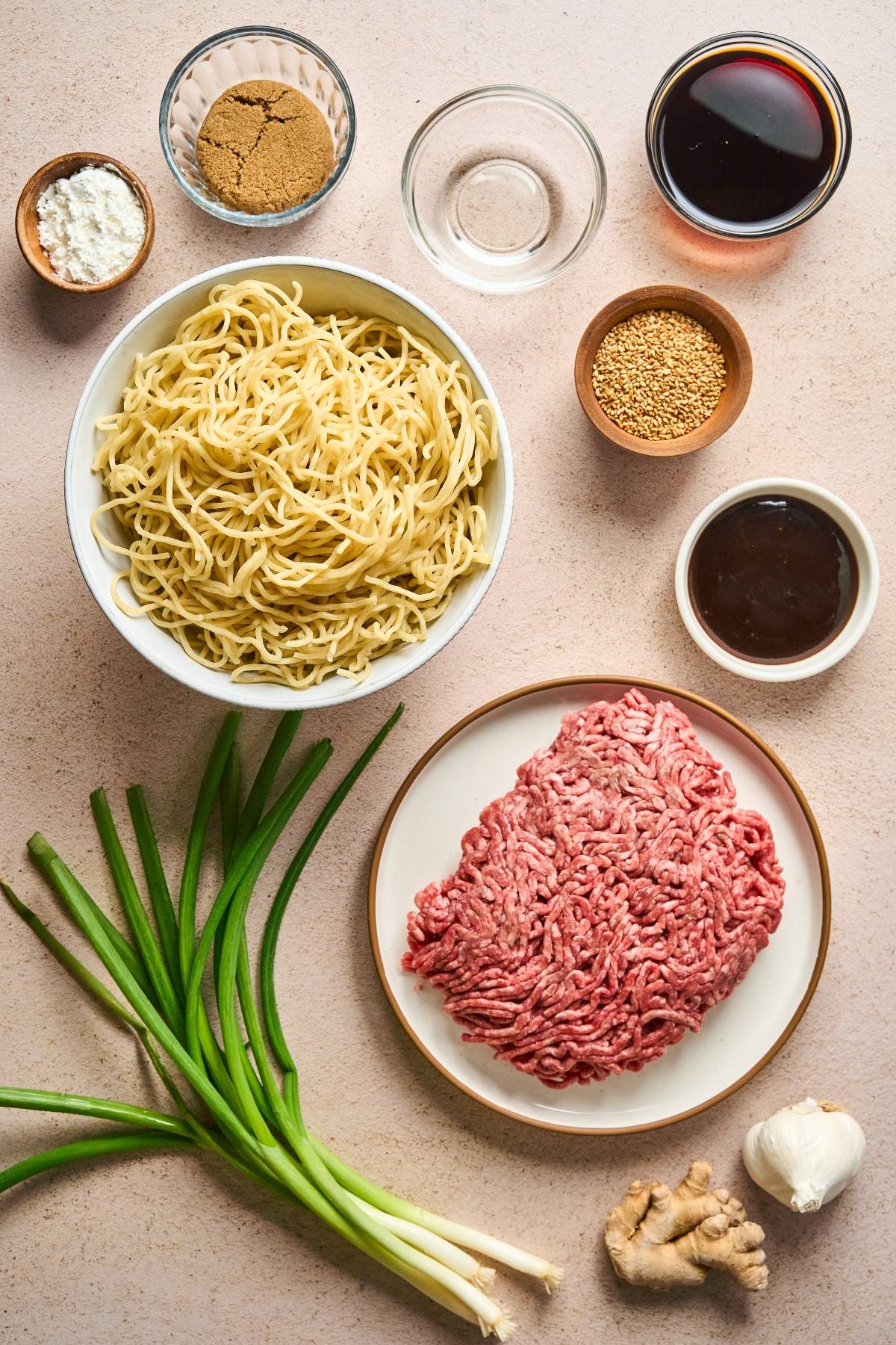 Uncooked noodles, ground meat, green onions, garlic, ginger, and various sauces and seasonings on a table.