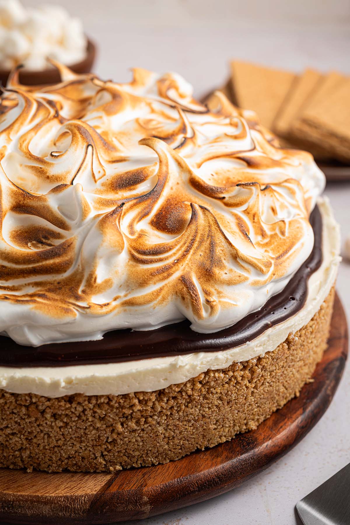 A No Bake S'mores Cheesecake featuring a graham cracker crust, chocolate filling, and a toasted meringue topping for the ultimate campfire-inspired treat.