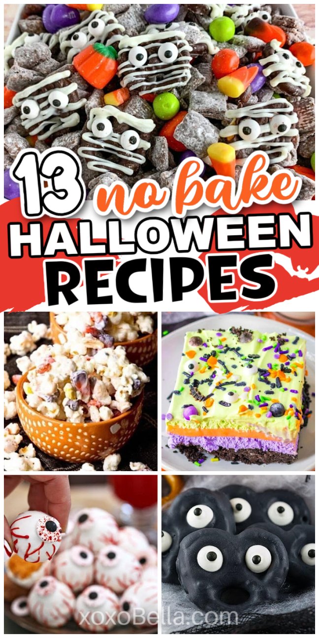 A mix of no bake Halloween snacks, desserts and candies in Halloween themed colors, arranged on plates and trays with festive decorations.