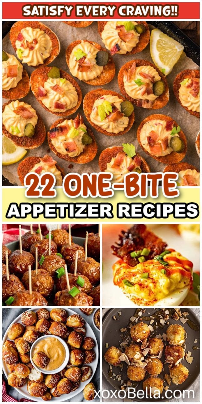 A selection of bite-sized appetizers like skewers, stuffed shells and crostini arranged on trays and boards.