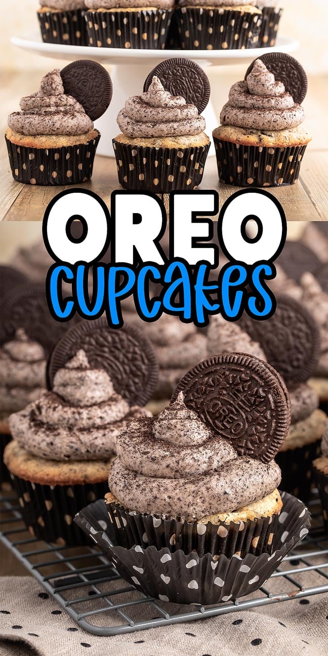 Oreo cupcakes with cookies and cream frosting, each topped with an Oreo cookie, are beautifully displayed on a stand and cooling rack.