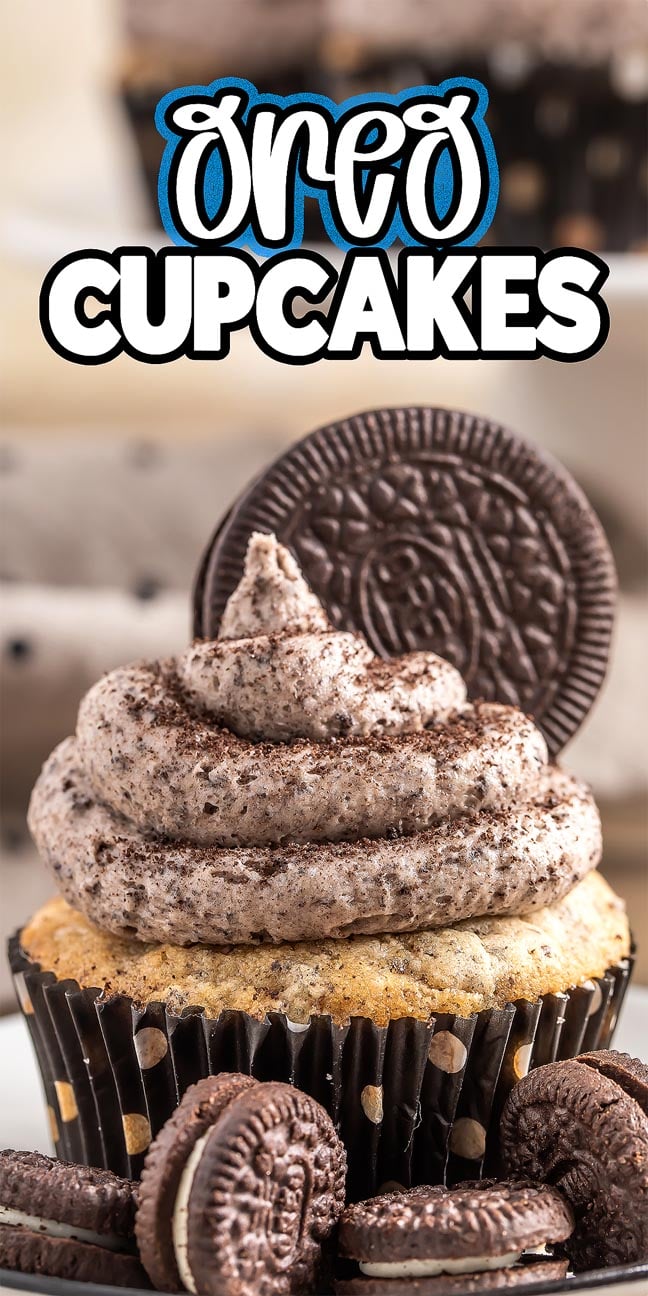 An Oreo cupcake with creamy cookie frosting, topped with an Oreo, and surrounded by more tempting Oreo cookies—Oreo cupcakes made for true cookie lovers.