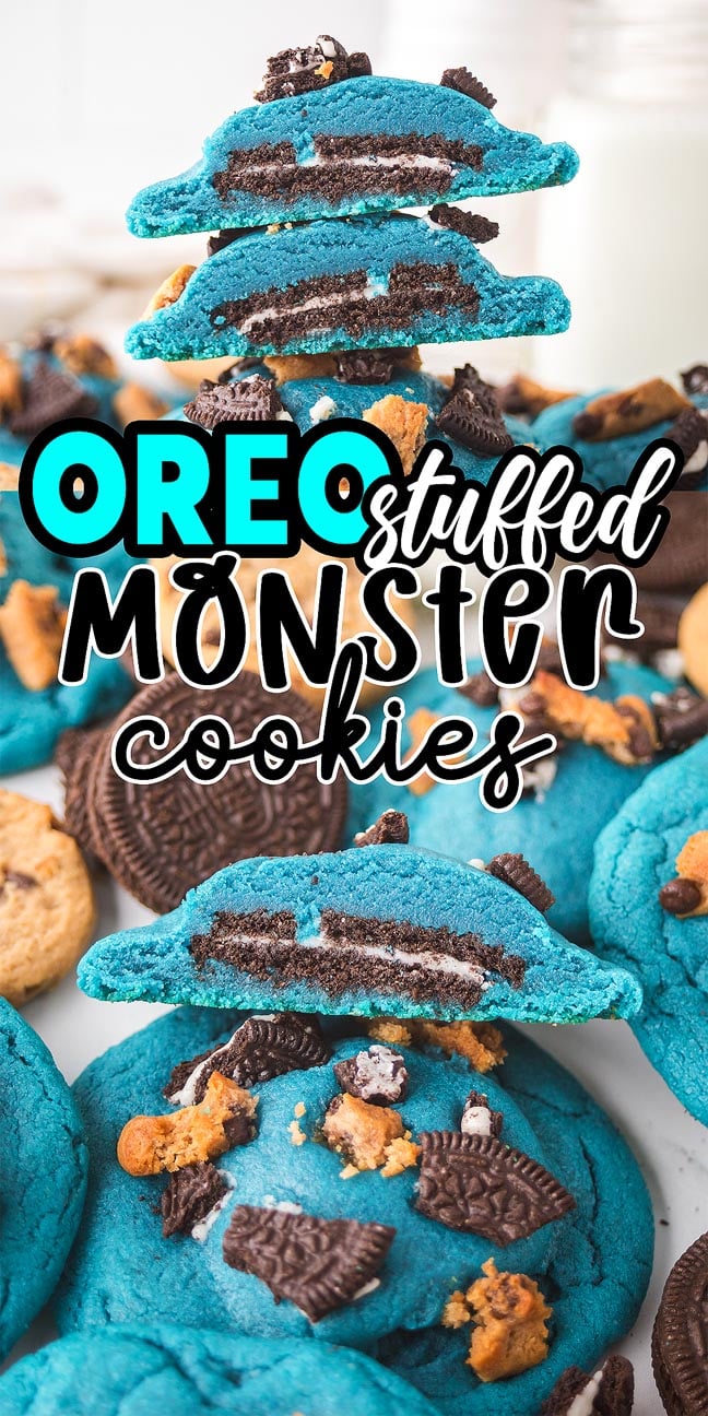 Bright blue Oreo Stuffed Cookie Monster Cookies packed with Oreos and topped with cookie chunks, featuring the text: "Oreo stuffed monster cookies.
