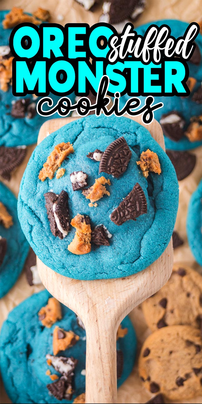 Bright blue Oreo Stuffed Cookie Monster Cookies topped with Oreo and chocolate chip pieces, labeled "Oreo stuffed monster cookies.