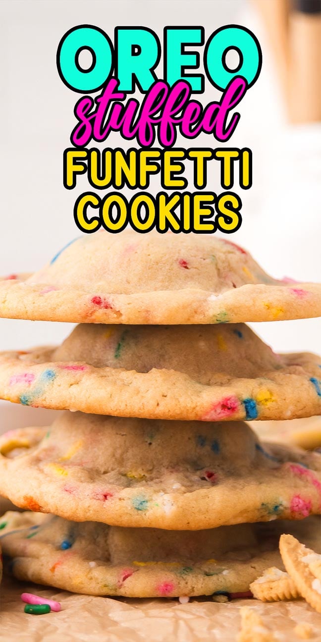 A stack of three Oreo Stuffed Funfetti Cookies with colorful sprinkles sits on parchment paper, showcasing the ultimate stuffed cookie treat.