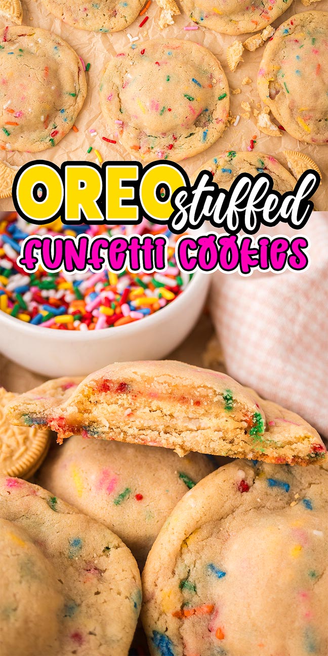Oreo Stuffed Funfetti Cookies bursting with colorful sprinkles, featuring a cookie broken in half to reveal the irresistible Oreo filling inside.
