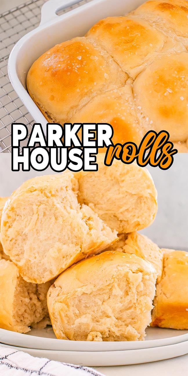 Golden, fluffy Parker House Rolls stacked on a plate and in a baking dish, these Parker House Rolls are sprinkled with coarse salt for the perfect finishing touch.