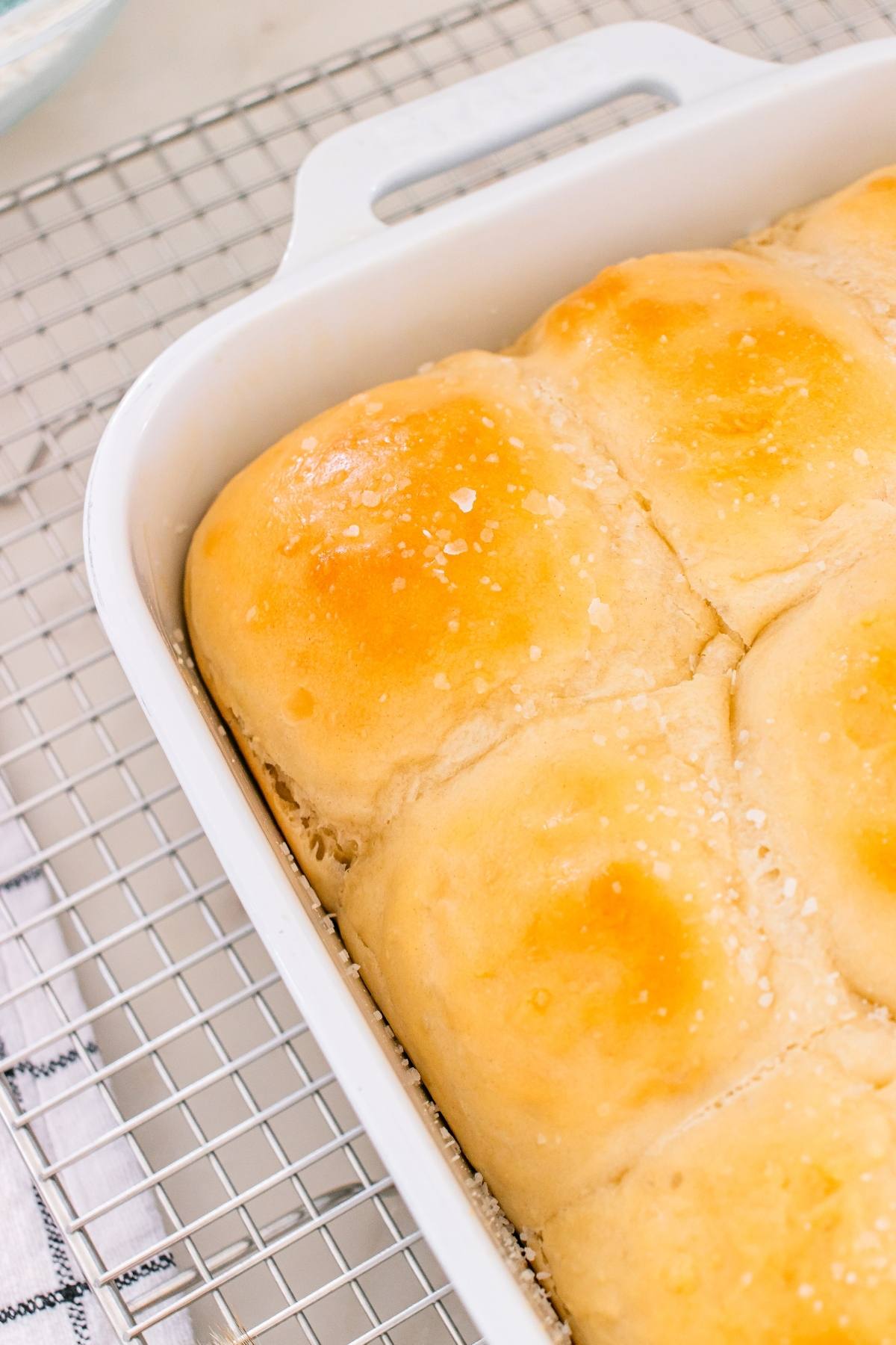 Golden brown dinner rolls in a white baking dish, sprinkled with coarse salt, cooling on a wire rack.