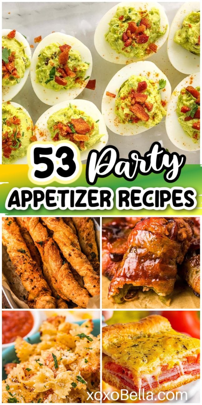A selection of party-friendly appetizers and snacks including dips, finger foods and deviled eggs.