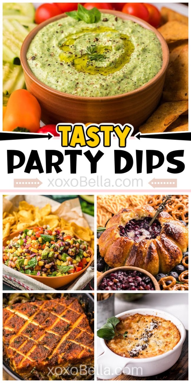 A variety of warm and chilled dips in bowls surrounded by chips, crackers and vegetables on serving boards and trays.