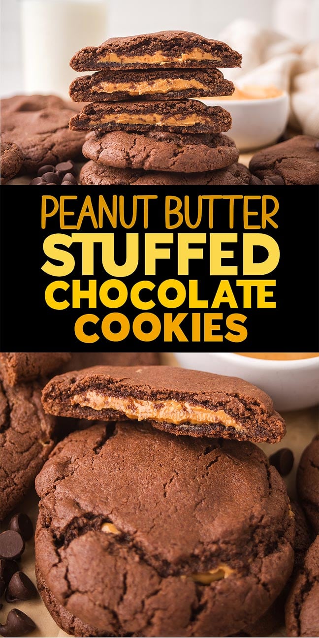 Peanut Butter Stuffed Chocolate Cookies stacked and split open to reveal a creamy peanut butter center, surrounded by rich chocolate chips.