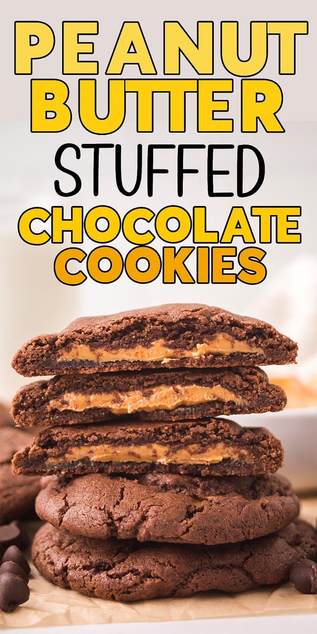 Stack of Peanut Butter Stuffed Chocolate Cookies, some broken open to reveal the creamy peanut butter center.