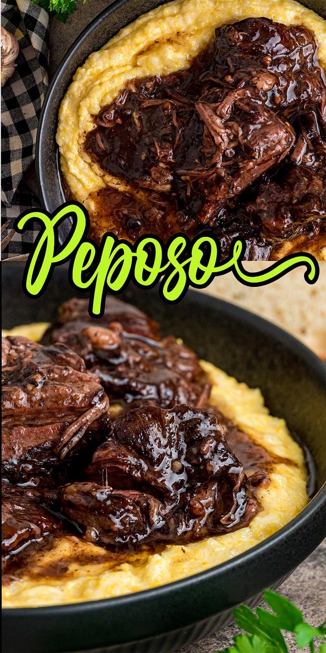 Braised beef peposo in rich sauce served over creamy polenta in a black bowl, with "Peposo" text overlay.
