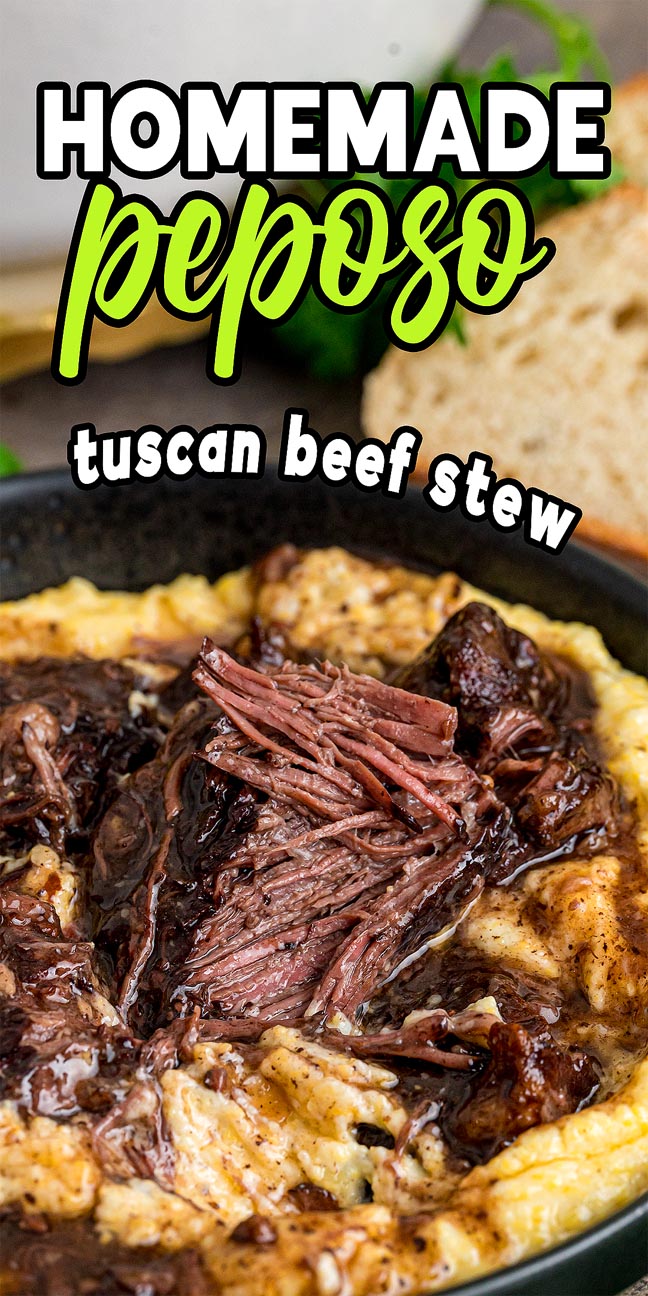 Close-up of homemade peposo, a rich Tuscan beef stew, served over creamy polenta, with bread in the background.