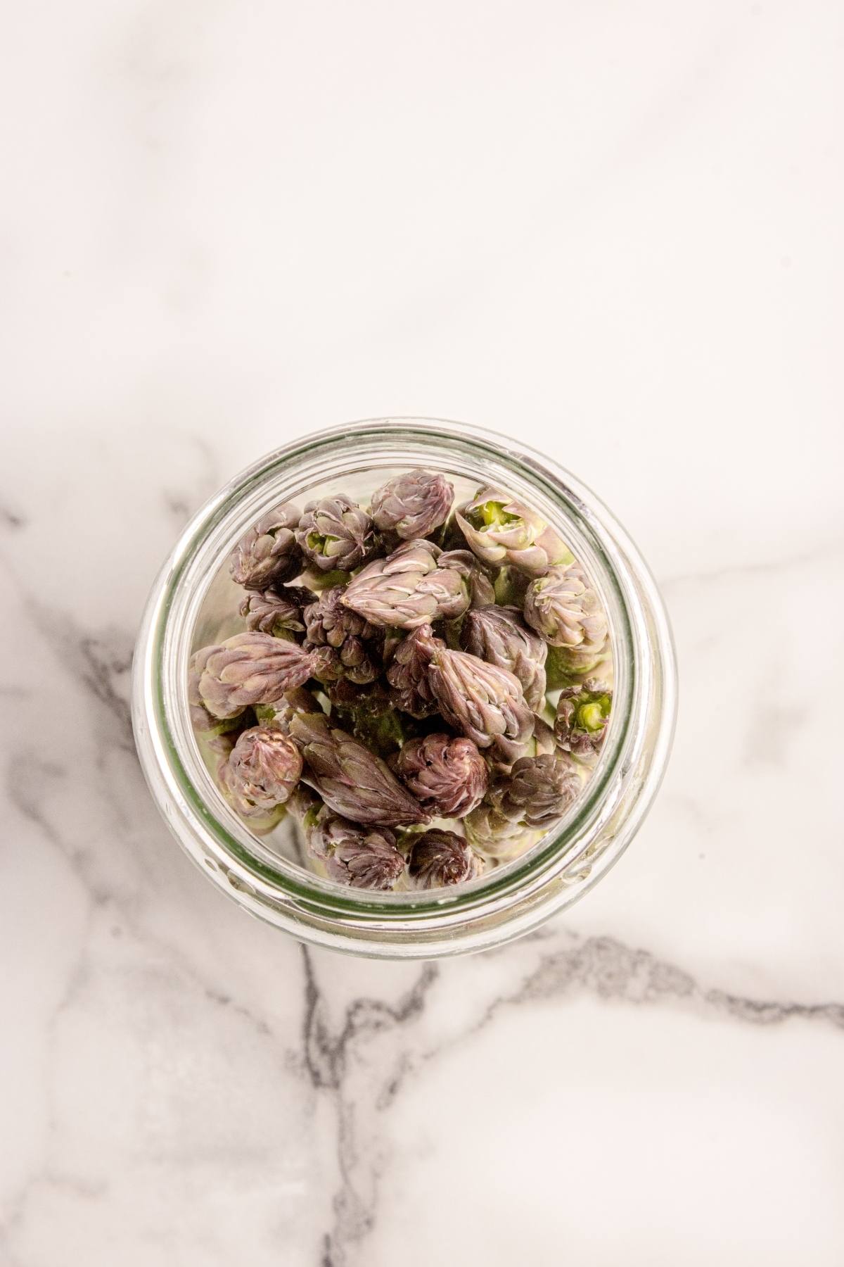 Top view of purple asparagus tips in a glass jar on a white marble surface.